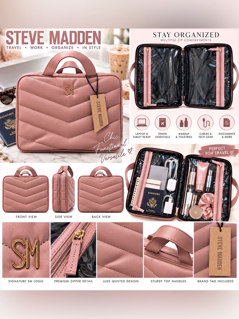 NWT ✨ Steve Madden Dusty Mauve Quilted Travel Organizer ✨